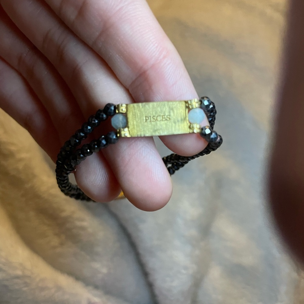 Gold Plate Pisces Zodiac Bracelet with Faceted Hematite and Aquamarine Beads - Picture 7 of 7